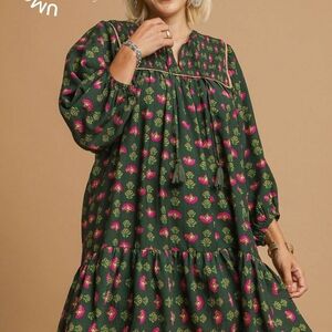 3-0312 *Boutique* Forest Frolick Green Floral Tiered Midi Dress - Brand